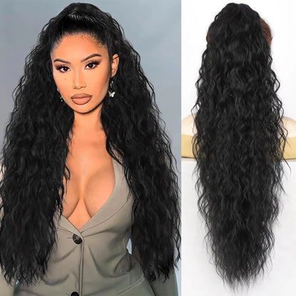 160G Heavy Ombre Black Blonde Curly Ponytail Claw Long Wavy Pony Tail Synthetic Clip in Hair Extensions Fluffy Natural Looking