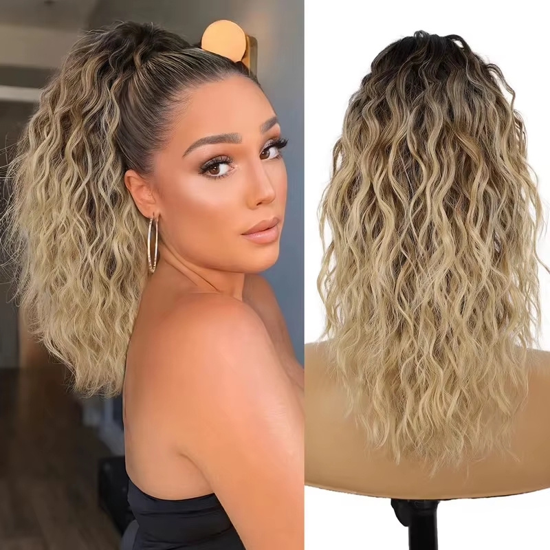 160G Heavy Ombre Black Blonde Curly Ponytail Claw Long Wavy Pony Tail Synthetic Clip in Hair Extensions Fluffy Natural Looking