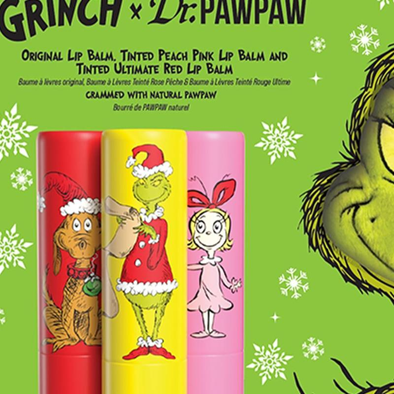 3Pcs Dr. Pawpaw the Grinch Set Original, Ultimate Red, Peach Pink - Natural Lip Balm with Aloe Vera - Gluten Free Lip Moisturizer for Hydration, Get It before Wellness Holiday Skincare