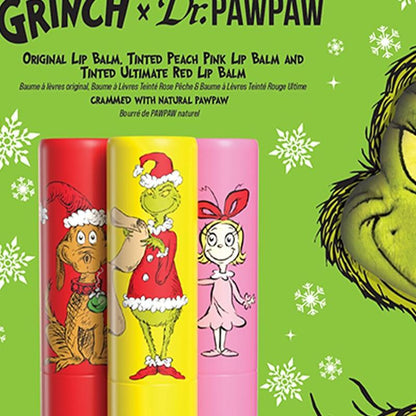 3Pcs Dr. Pawpaw the Grinch Set Original, Ultimate Red, Peach Pink - Natural Lip Balm with Aloe Vera - Gluten Free Lip Moisturizer for Hydration, Get It before Wellness Holiday Skincare