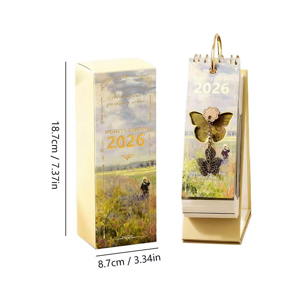 Vintage Oil Painting Desk Calendar with Gold Ring Binding 365 Days Inspirational Quotes One-Way Page Turn Daily Planner