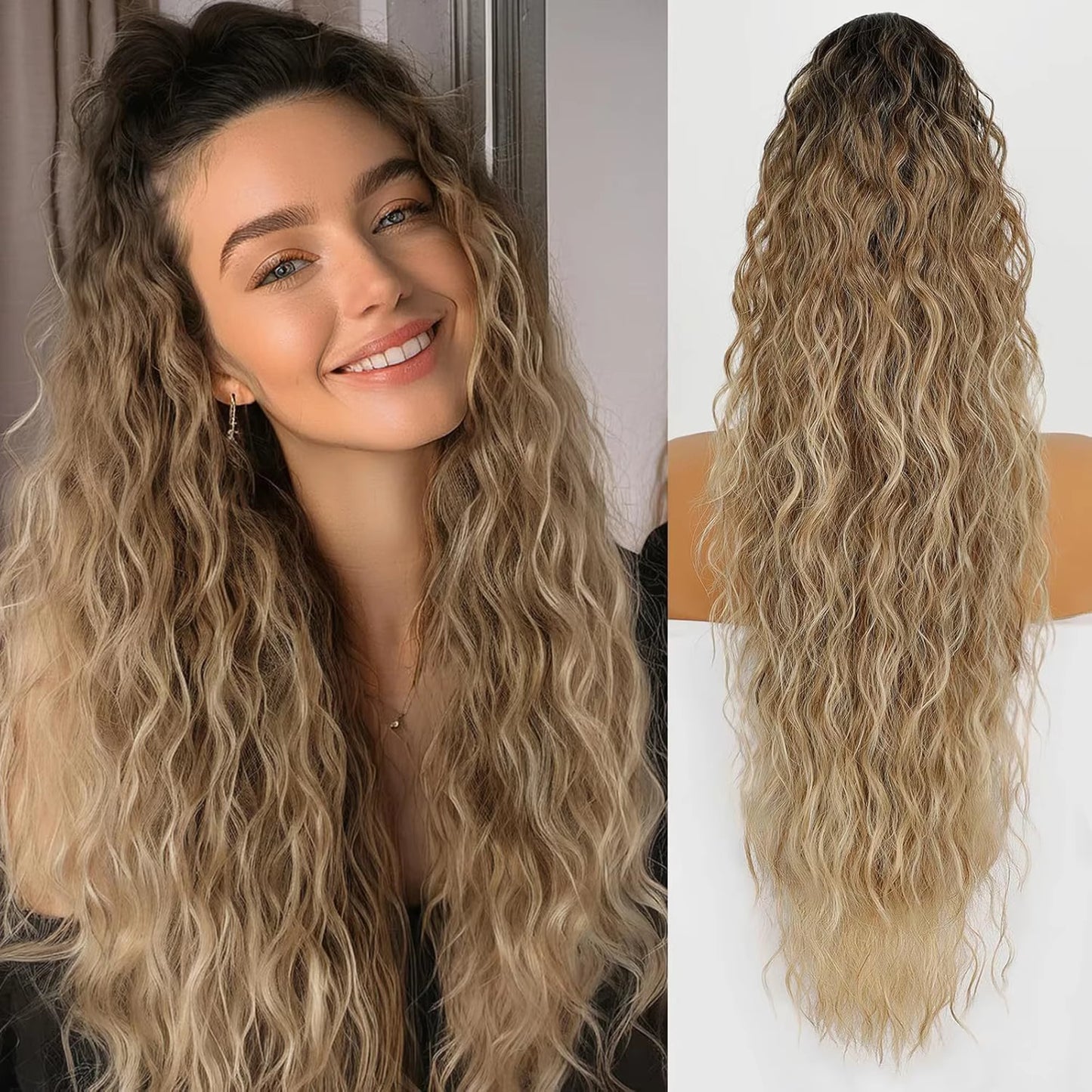 160G Heavy Ombre Black Blonde Curly Ponytail Claw Long Wavy Pony Tail Synthetic Clip in Hair Extensions Fluffy Natural Looking