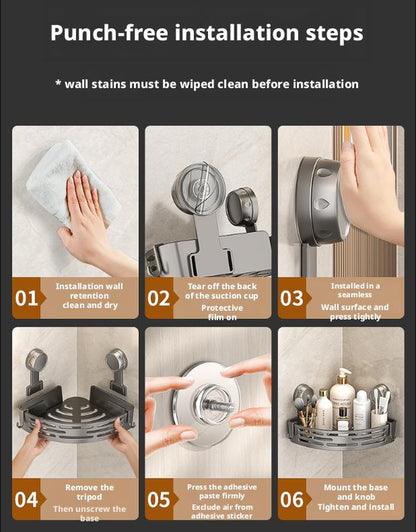 3-Pack Gun Gray Plastic Triangle Suction Cup Showercaddy 3-Tier Corner Shelves Nodrilling Bathroom Storage Rack 40Lbs Loadcapacity with 6 Towel Bar Hooks