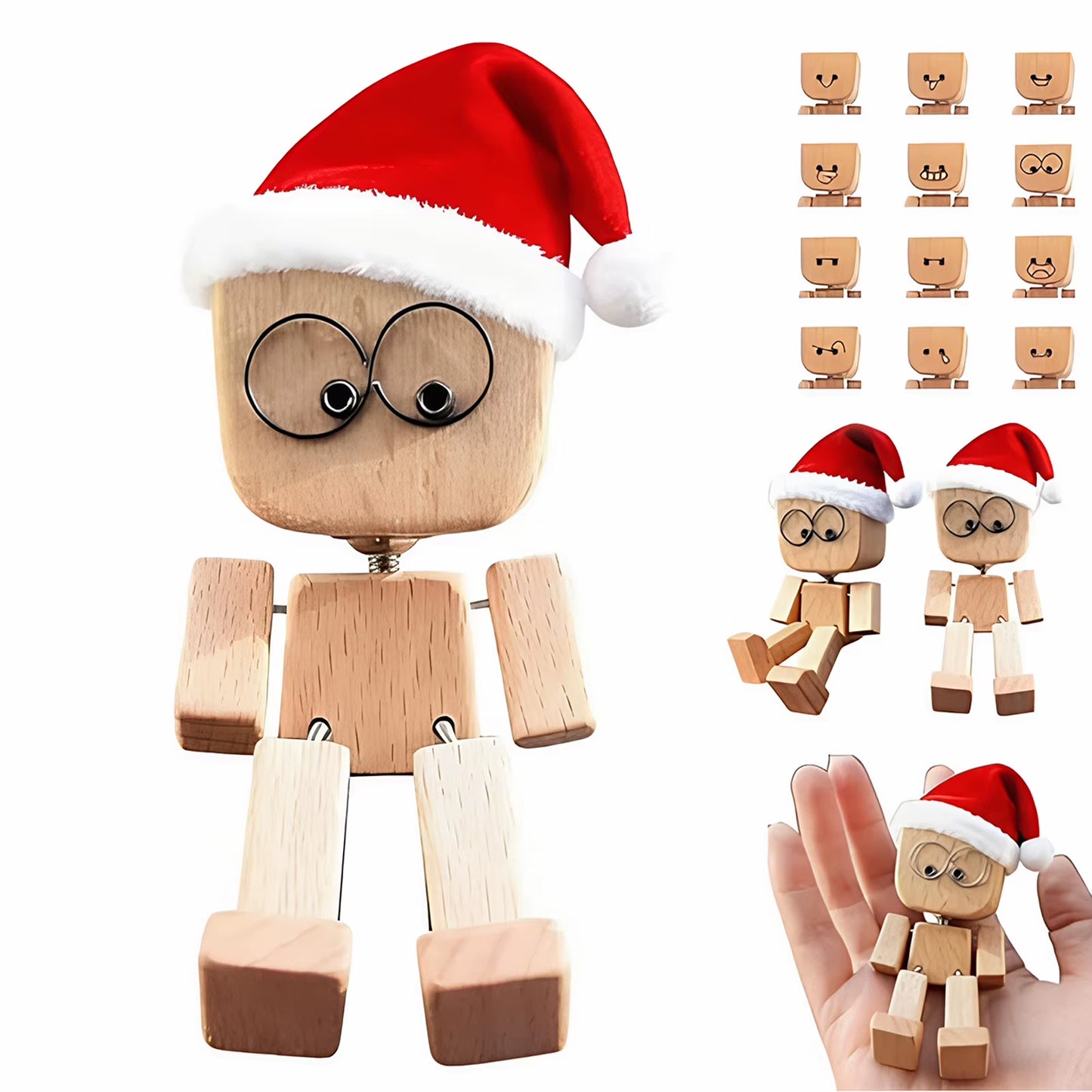 Cute Car Shaking Wooden Man Figurine Interior Wood Ornaments with 12 Magnetic Expressions Handmade Wooden Wiggle Ornament Gift