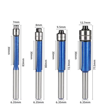 4Pcs,Sparkling Silver-Blue Double Bearing Flush Trim Router Bit - 1/4" Shank Dual Cutting Blades Electric Accessory