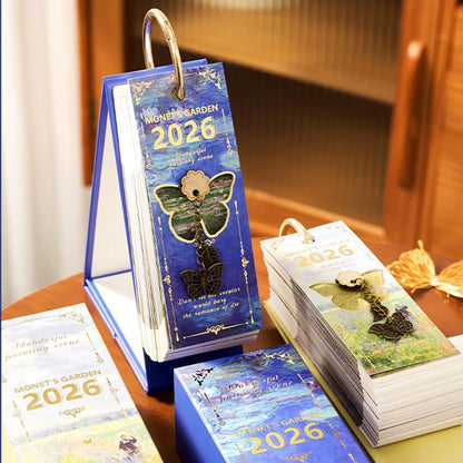 Vintage Oil Painting Desk Calendar with Gold Ring Binding 365 Days Inspirational Quotes One-Way Page Turn Daily Planner