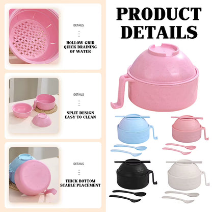 Microwave Ramen Bowl Cooker Set Wheat Straw Instant Noodles Bowl Handles,Ramen Noodle Cooker with Spoon Chopsticks Fork Camping