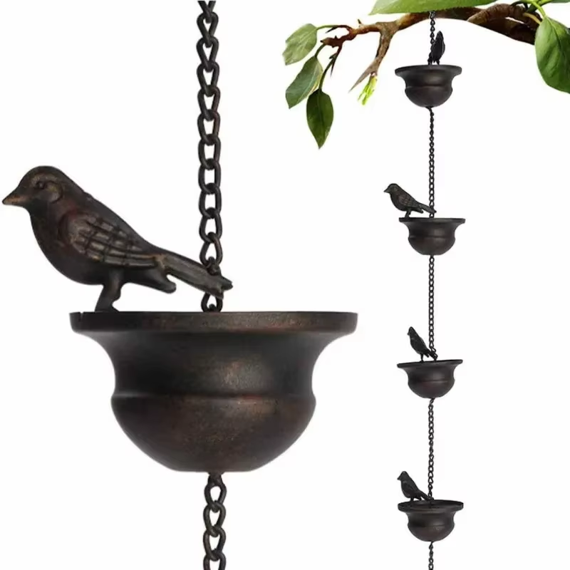 Creative Birds on Cups Metal Rain Chain Rain Catcher for Gutter Roof Decoration Metal Drainage Rain Chain Downspout Tool