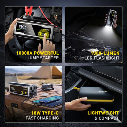 AUXITO 10000A Ultra-Powerful Jump Starter for All Gas & Diesel Engines - Fast Charging, LED Display, 3-Mode Flashlight & Storage Case Included!