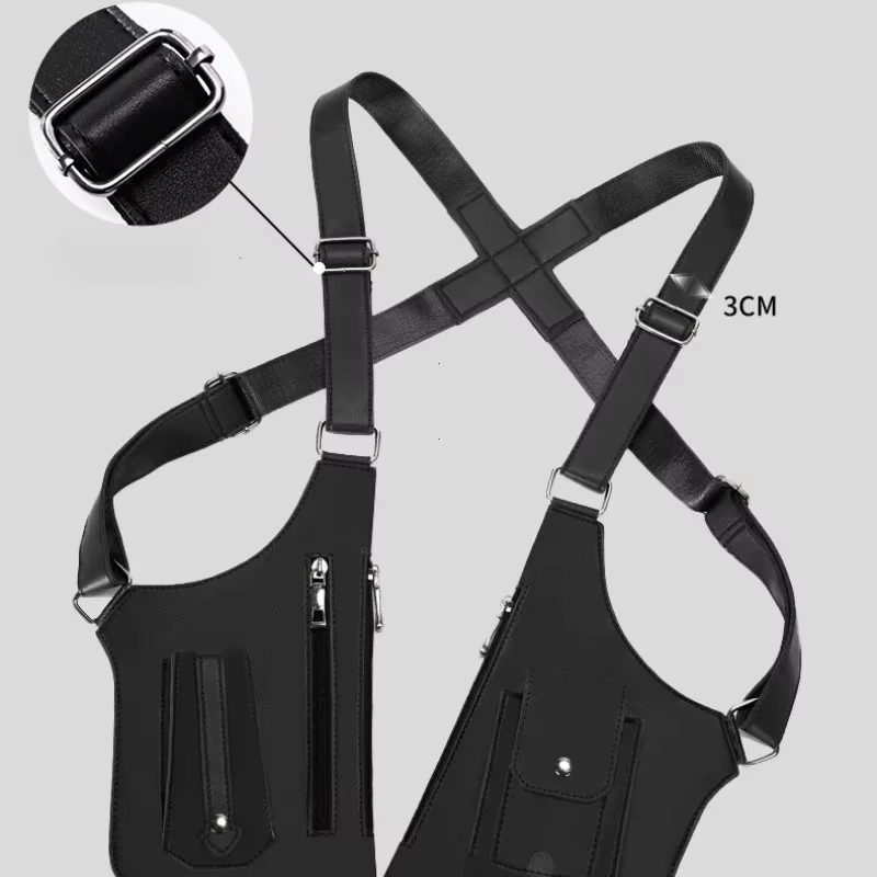 Men'S Back Crossbody Bags Double Shoulder Strap Multi-Pocket Outdoor Anti-Theft Tactical Vest Chest Bag Waterproof PU Leather