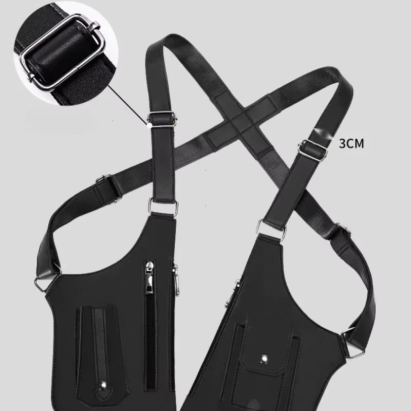 Men'S Back Crossbody Bags Double Shoulder Strap Multi-Pocket Outdoor Anti-Theft Tactical Vest Chest Bag Waterproof PU Leather