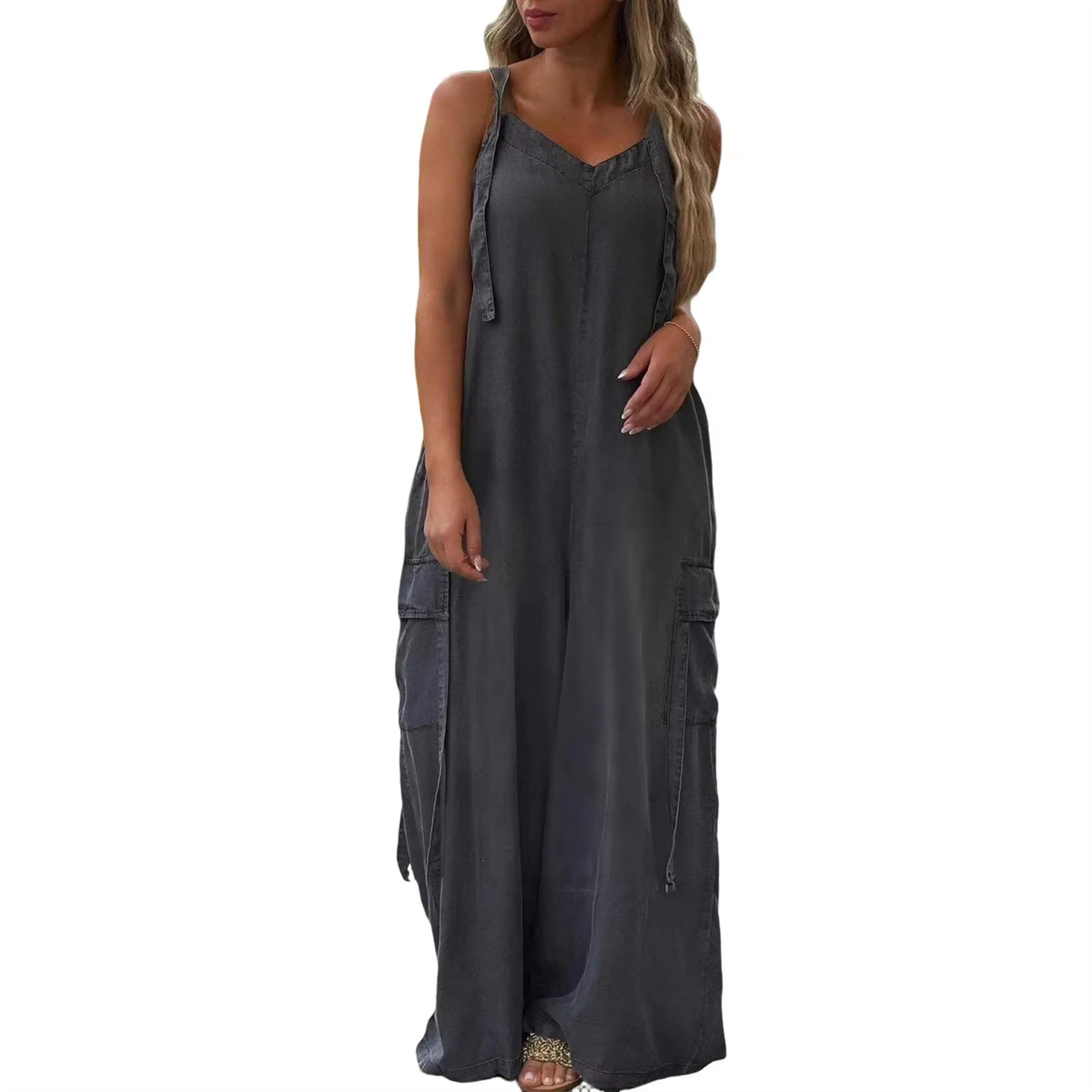 Casual Loose Jumpsuit Women Spaghetti Long Camis Summer Print Cotton Linen Strap Wide Leg Pants Bib Overalls Sleeveless Jumpsuit