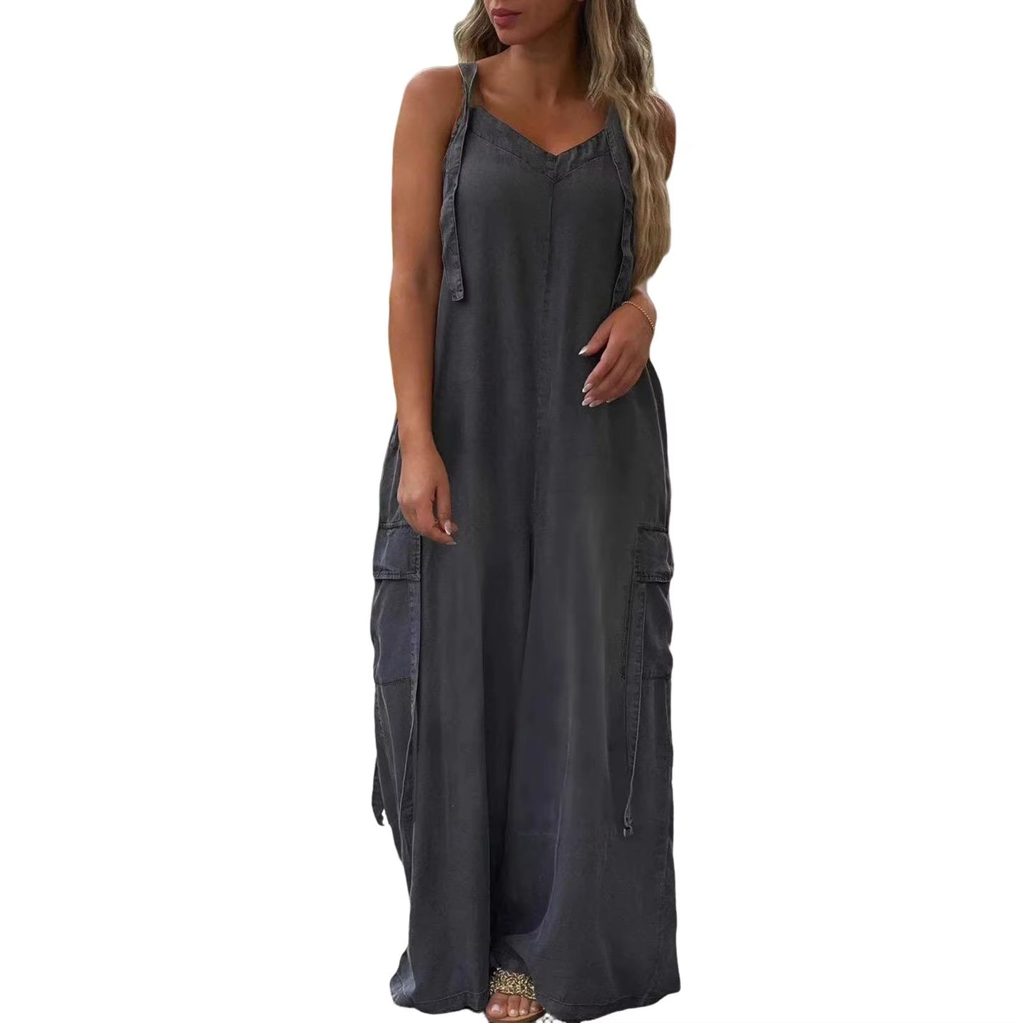 Casual Loose Jumpsuit Women Spaghetti Long Camis Summer Print Cotton Linen Strap Wide Leg Pants Bib Overalls Sleeveless Jumpsuit