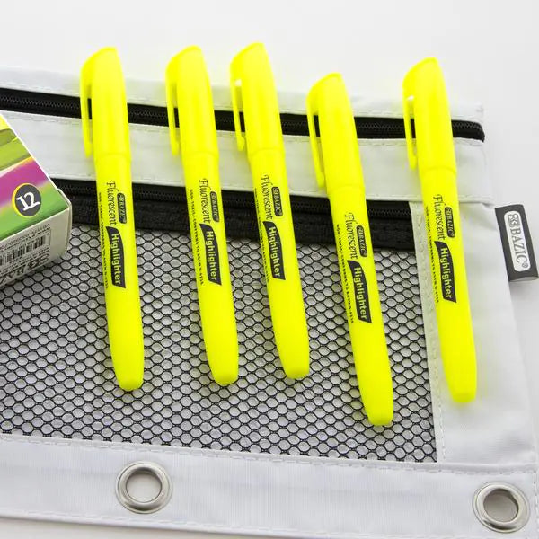 Yellow Pen Style Fluorescent Highlighter w/ Pocket Clip (5/Pk)