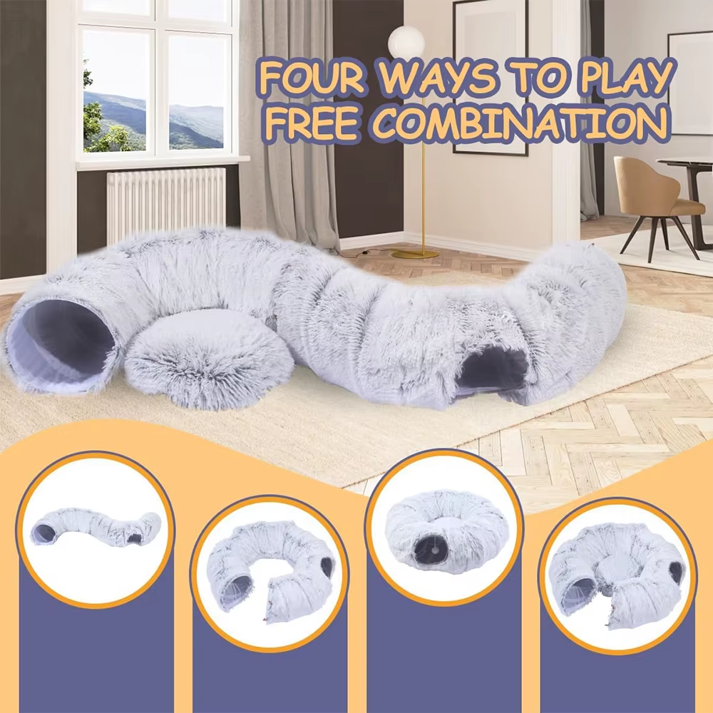 Winter New Arrival Plush Cat Tunnel Bed Foldable Two-In-One round Warmth Pet Nest Thickened Cozy Cuddly Cat Hideaway