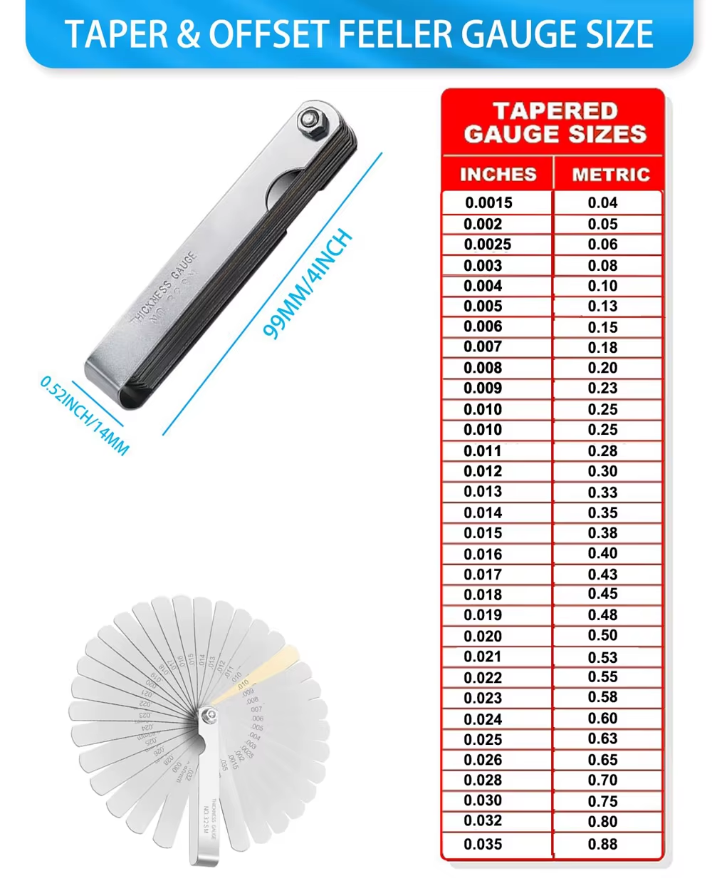 32 Blades Feeler Gauges Set Stainless Steel Dual Marked Metric and Standard SAE Valve Thickness Gauge Rangefinder