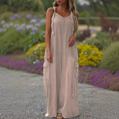 Casual Loose Jumpsuit Women Spaghetti Long Camis Summer Print Cotton Linen Strap Wide Leg Pants Bib Overalls Sleeveless Jumpsuit