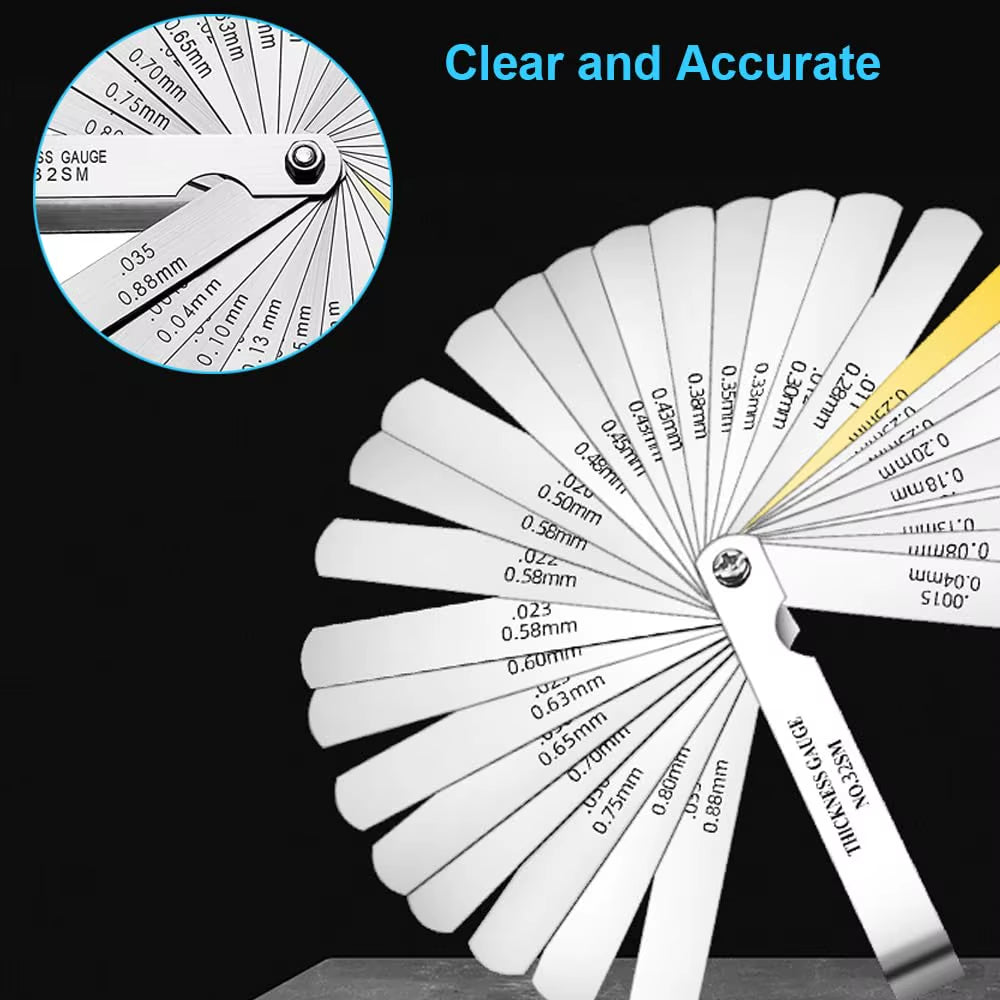 32 Blades Feeler Gauges Set Stainless Steel Dual Marked Metric and Standard SAE Valve Thickness Gauge Rangefinder