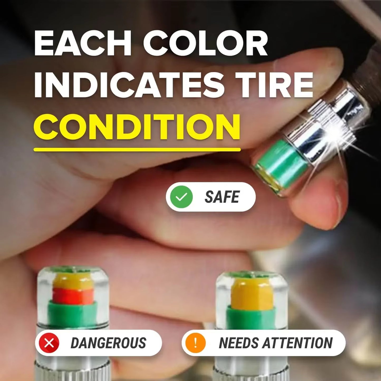 4PCS Car Tire Pressure Caps, Tire Valve Cap with Pressure Indicator Tyre Pressure Monitor Valve Caps Air Alert Auto Accessories