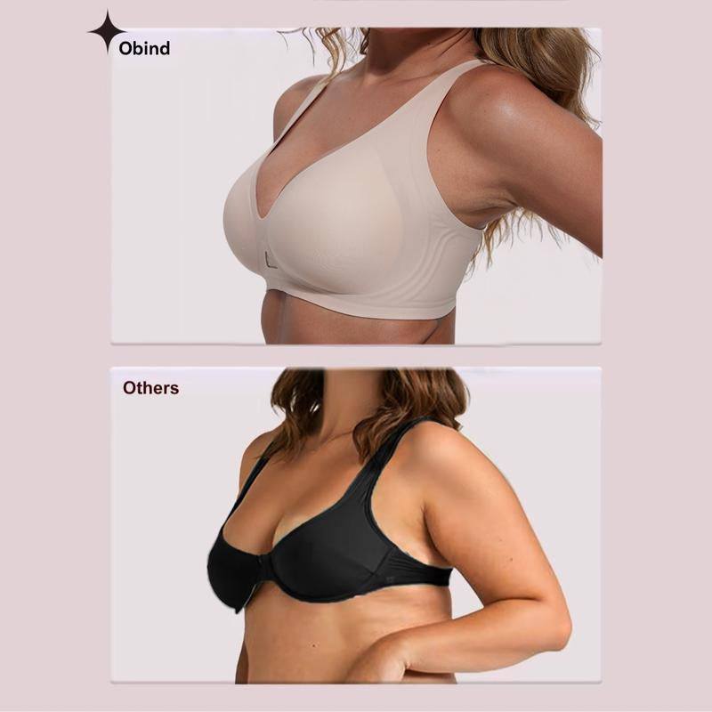 Obind Wireless Jelly Deep-V Bra Everyday Comfort Push-Up Seamless T-Shirt Bra Slimming Design Adjustable Straps Minimalist Soft Butter-Fabric Breathable Mesh Triangle Panel Basic Women’S Underwear
