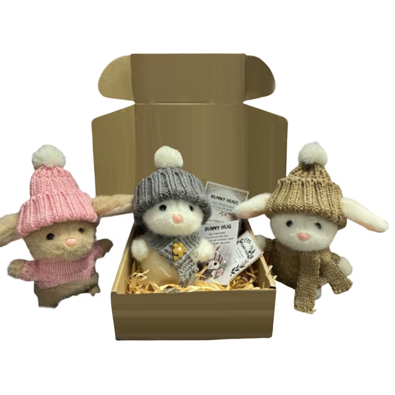 Mini Bunny Hug Cute Easter Gift Plush Bunny with Knitted Hat and Pom Pom Soft Pocket Emotional Support Rabbit with Gift Box Card
