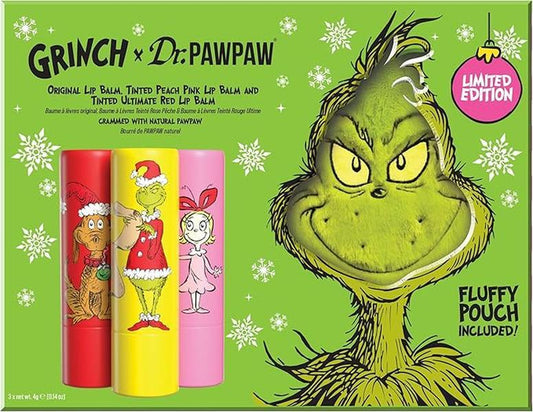 3Pcs Dr. Pawpaw the Grinch Set Original, Ultimate Red, Peach Pink - Natural Lip Balm with Aloe Vera - Gluten Free Lip Moisturizer for Hydration, Get It before Wellness Holiday Skincare