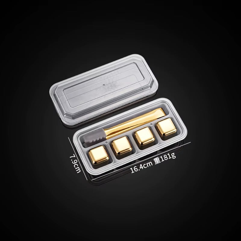 Gold and Siver Metal Cooling Rocks Reusable Ice Cubes Whiskey Steel Ice Cubes 304 Stainless Steel and with Storage Box for Vodka