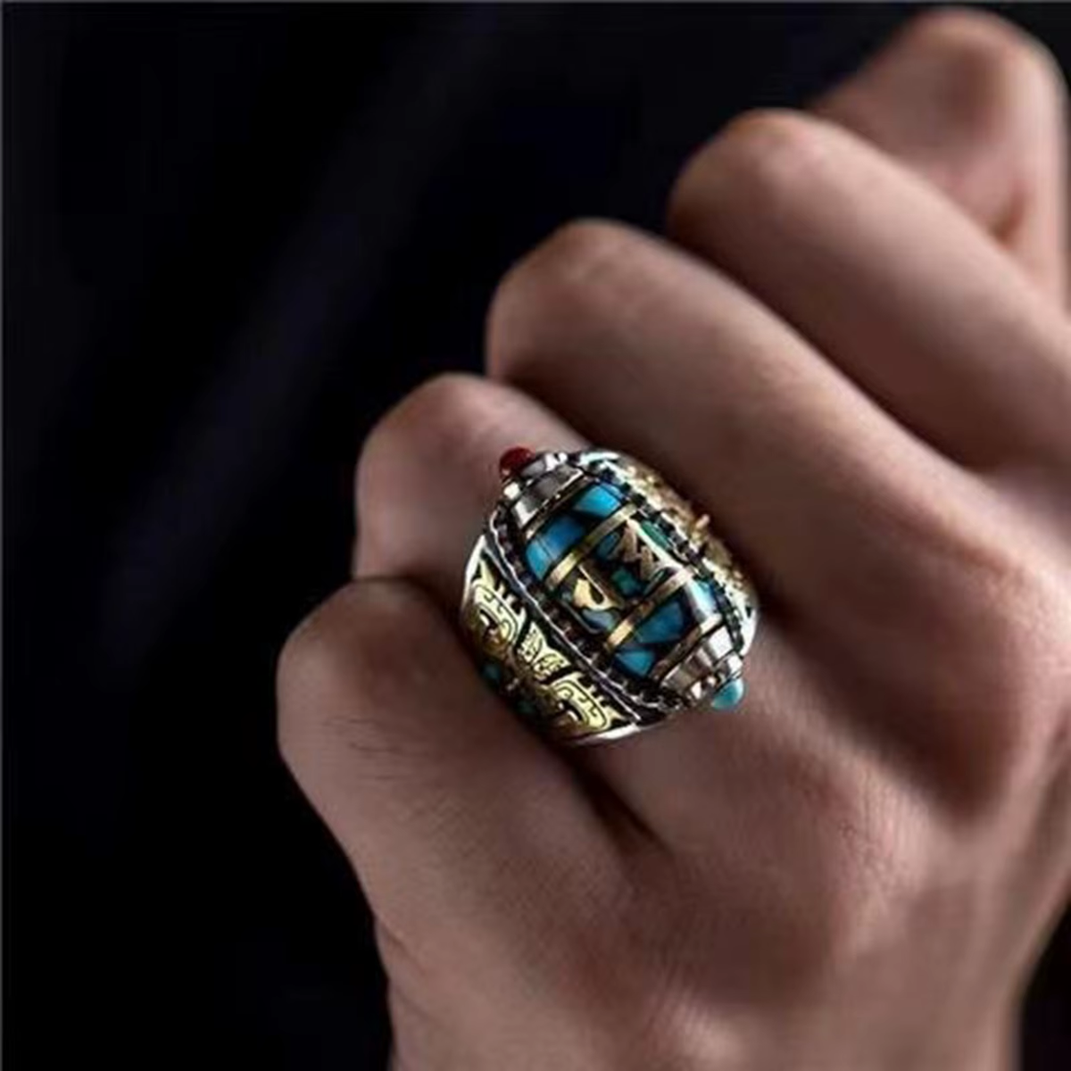 Turquoise Six Character Mantra Nine Eyed Dzi Bead Ring Tibetan Six Character Mantra Bead Transfer Cute Rings for Teen Girls