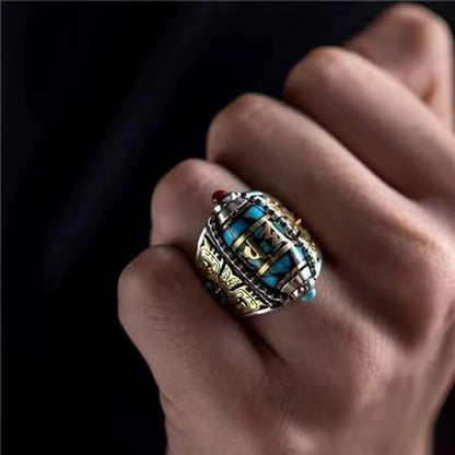 Turquoise Six Character Mantra Nine Eyed Dzi Bead Ring Tibetan Six Character Mantra Bead Transfer Cute Rings for Teen Girls