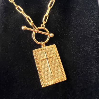 Toggle Clasp Rectangle Cross Charm Necklace Paperclip Chain Choker Religious Jewelry First Communion Gift for Christian Faith