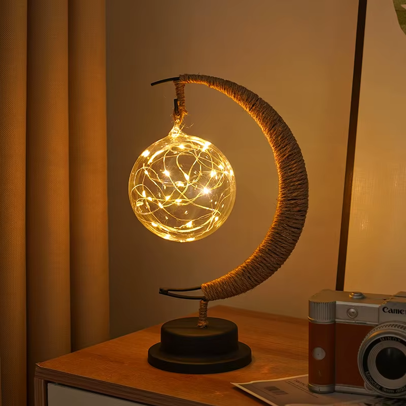 1Pc LED Moon Lamp,Iron Art Decorative Table Lamp for Bar,Bedroom,Living Room,Battery Powered Black Portable Night Light