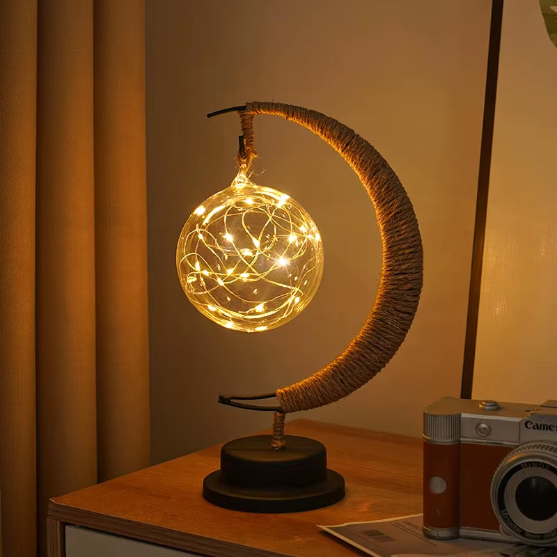 1Pc LED Moon Lamp,Iron Art Decorative Table Lamp for Bar,Bedroom,Living Room,Battery Powered Black Portable Night Light