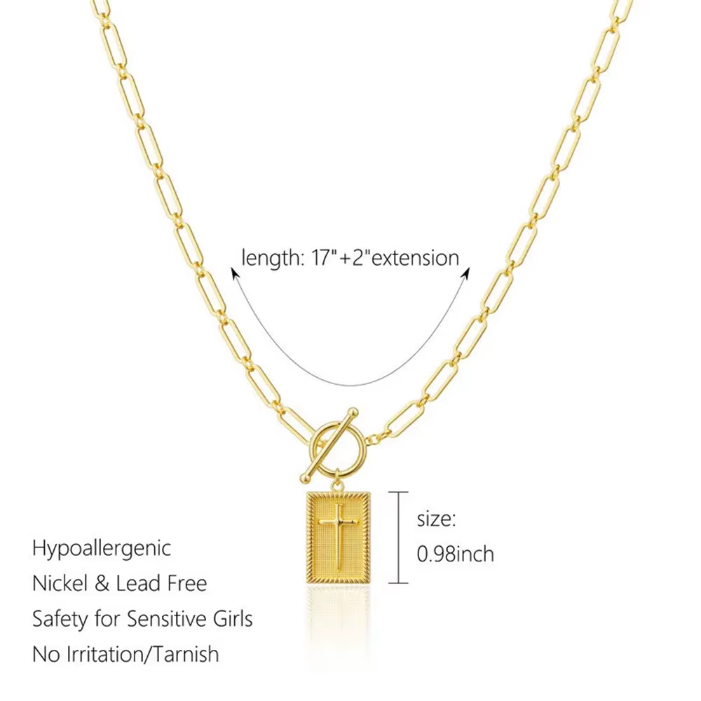 Toggle Clasp Rectangle Cross Charm Necklace Paperclip Chain Choker Religious Jewelry First Communion Gift for Christian Faith