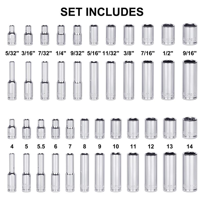 CASOMAN 1/4-Inch Drive Master Socket Set with Ratchets, Adapters, Extensions with 1/4" Dr. Bits Set, Inch/Metric, 6-Point, 5/32-Inch - 9/16-Inch, 4 Mm - 14 Mm, 62-Piece 1/4" Dr. Socket Set, #Tiktokshopblackfriday