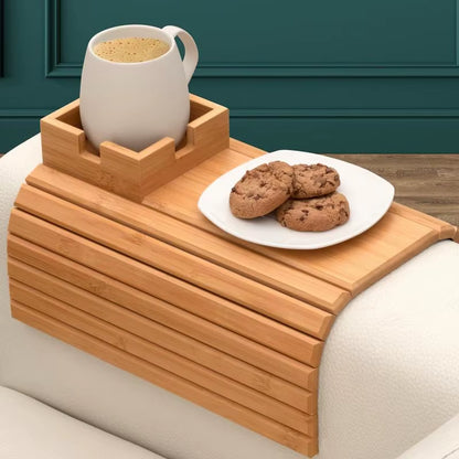 Couch Cup Holder Wooden Sofa Armrest Tray Foldable Anti-Slip Drink Coaster Sofa Side Storage Table Cup Holder Snack Organizer