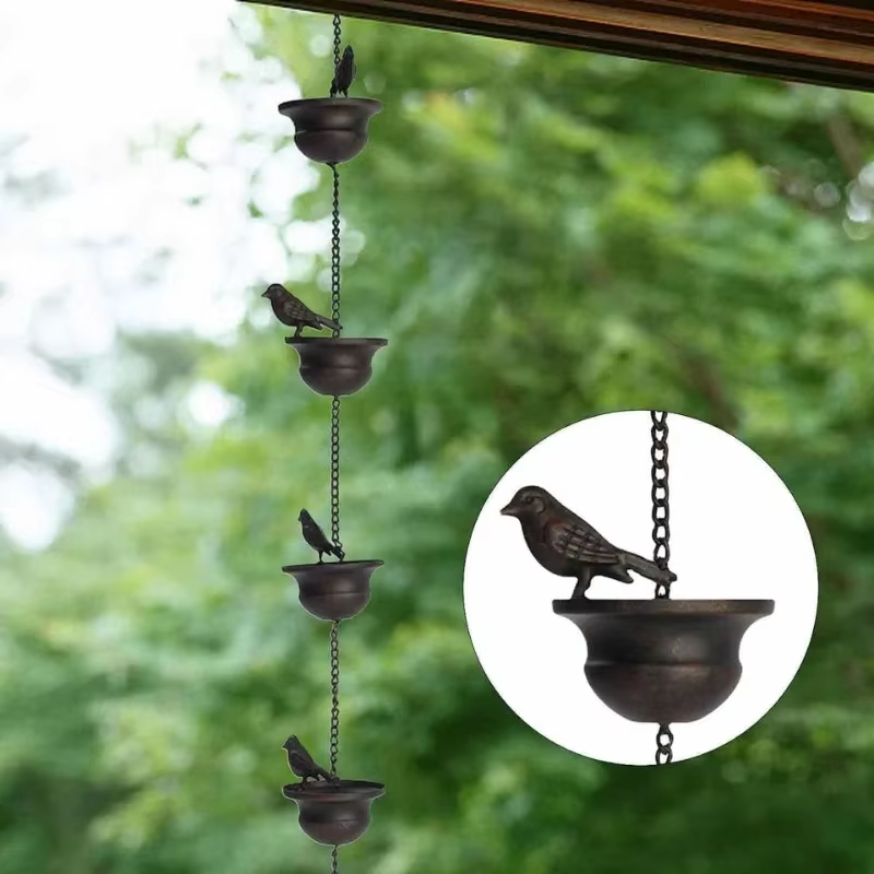 Creative Birds on Cups Metal Rain Chain Rain Catcher for Gutter Roof Decoration Metal Drainage Rain Chain Downspout Tool