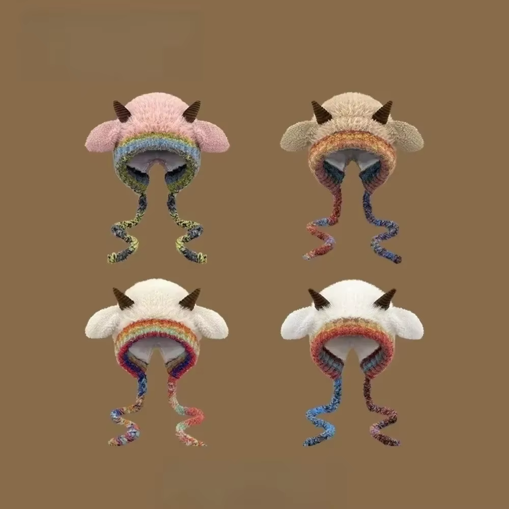 Cute Thick Plush Knitted Hat Girls Winter Warm Ear Protection Beanies Hat Women Comfortable Horn Pullover Hats