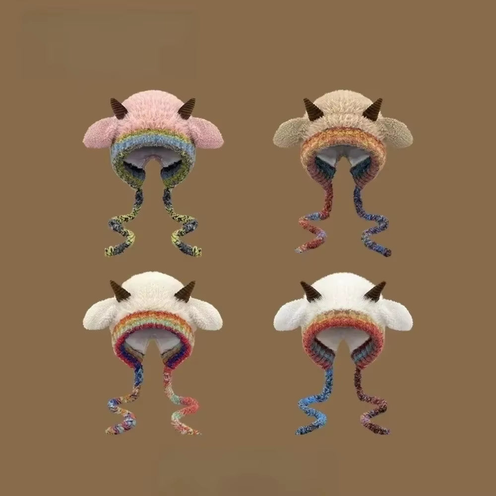 Cute Thick Plush Knitted Hat Girls Winter Warm Ear Protection Beanies Hat Women Comfortable Horn Pullover Hats