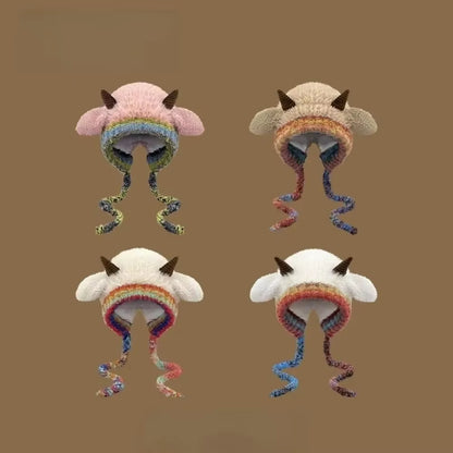 Cute Thick Plush Knitted Hat Girls Winter Warm Ear Protection Beanies Hat Women Comfortable Horn Pullover Hats