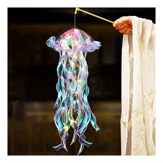 Colorful Jellyfish Lamp with Long Lace Ribbon Portable Jellyfish Lantern with Handle LED Nigh Light Decoration for Bedroom Garde