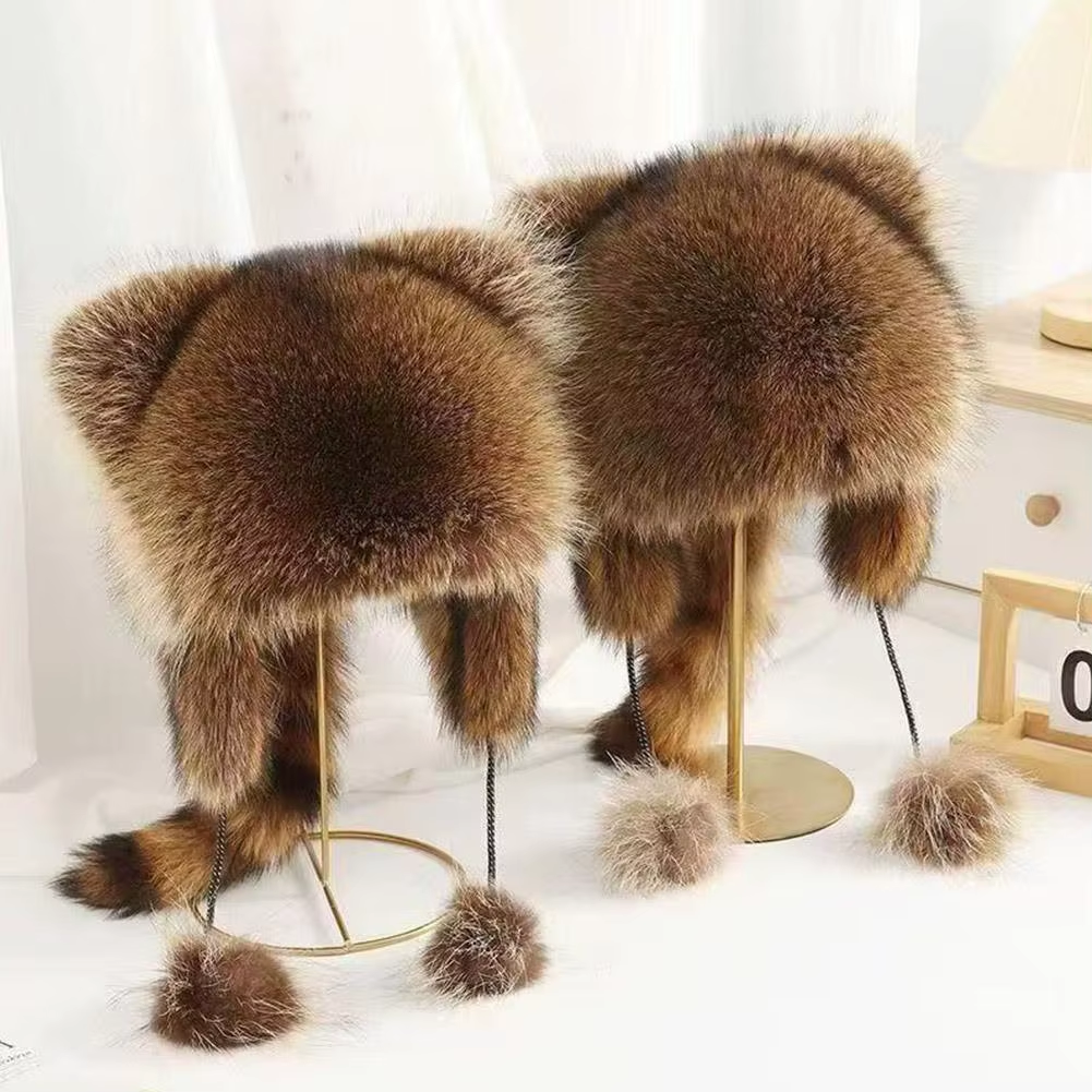 Winter Thickening Lei Feng Hat Season Thickened Cute Raccoon Tail Plush Cap Women Winter Windproof Thick Warm Ears Flaps Hat