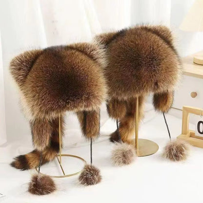 Winter Thickening Lei Feng Hat Season Thickened Cute Raccoon Tail Plush Cap Women Winter Windproof Thick Warm Ears Flaps Hat