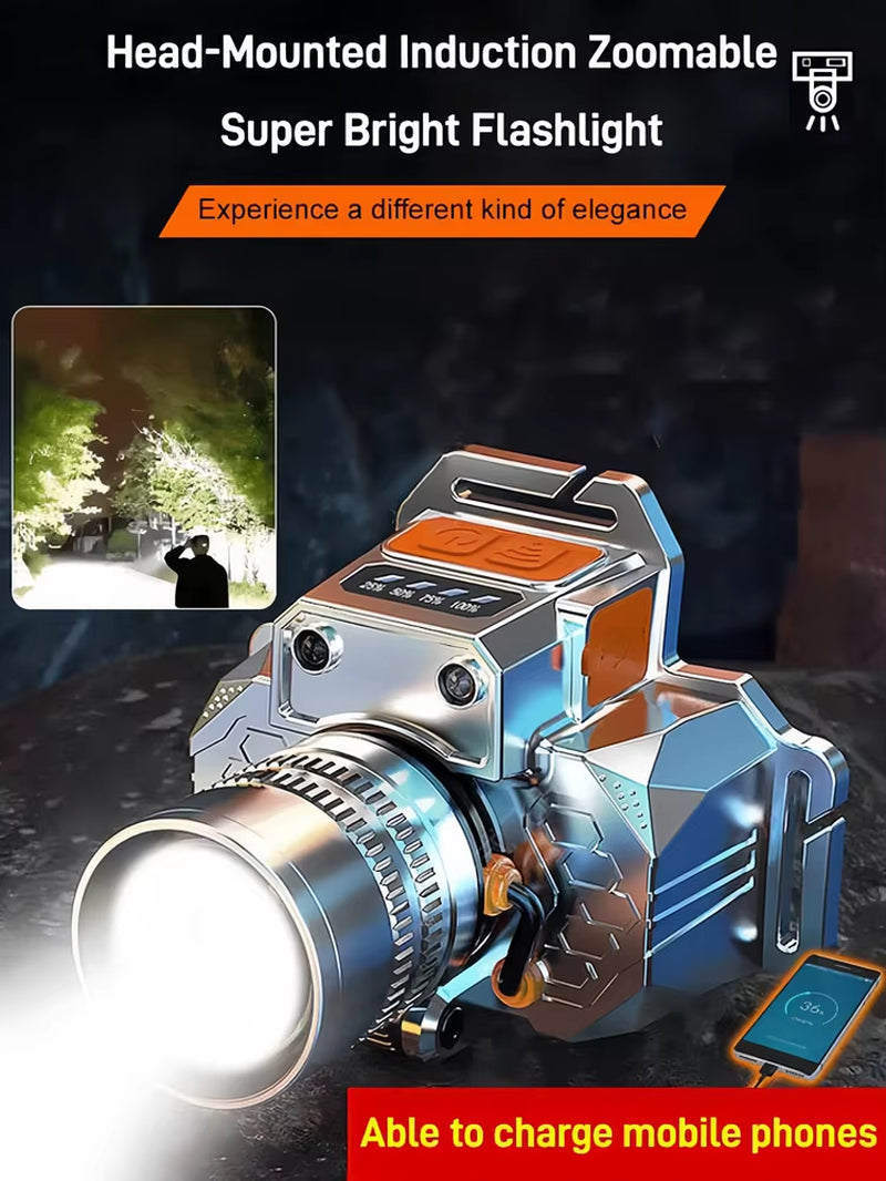 Head-Mounted Induction Zoomable Super Bright Flashlight Rechargeable Headlamp LED Flashlight Cool White Headlamp