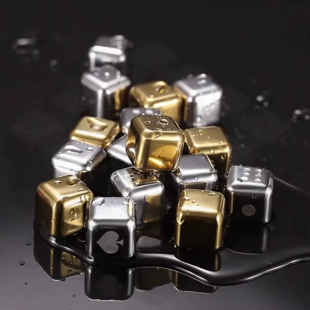 Gold and Siver Metal Cooling Rocks Reusable Ice Cubes Whiskey Steel Ice Cubes 304 Stainless Steel and with Storage Box for Vodka