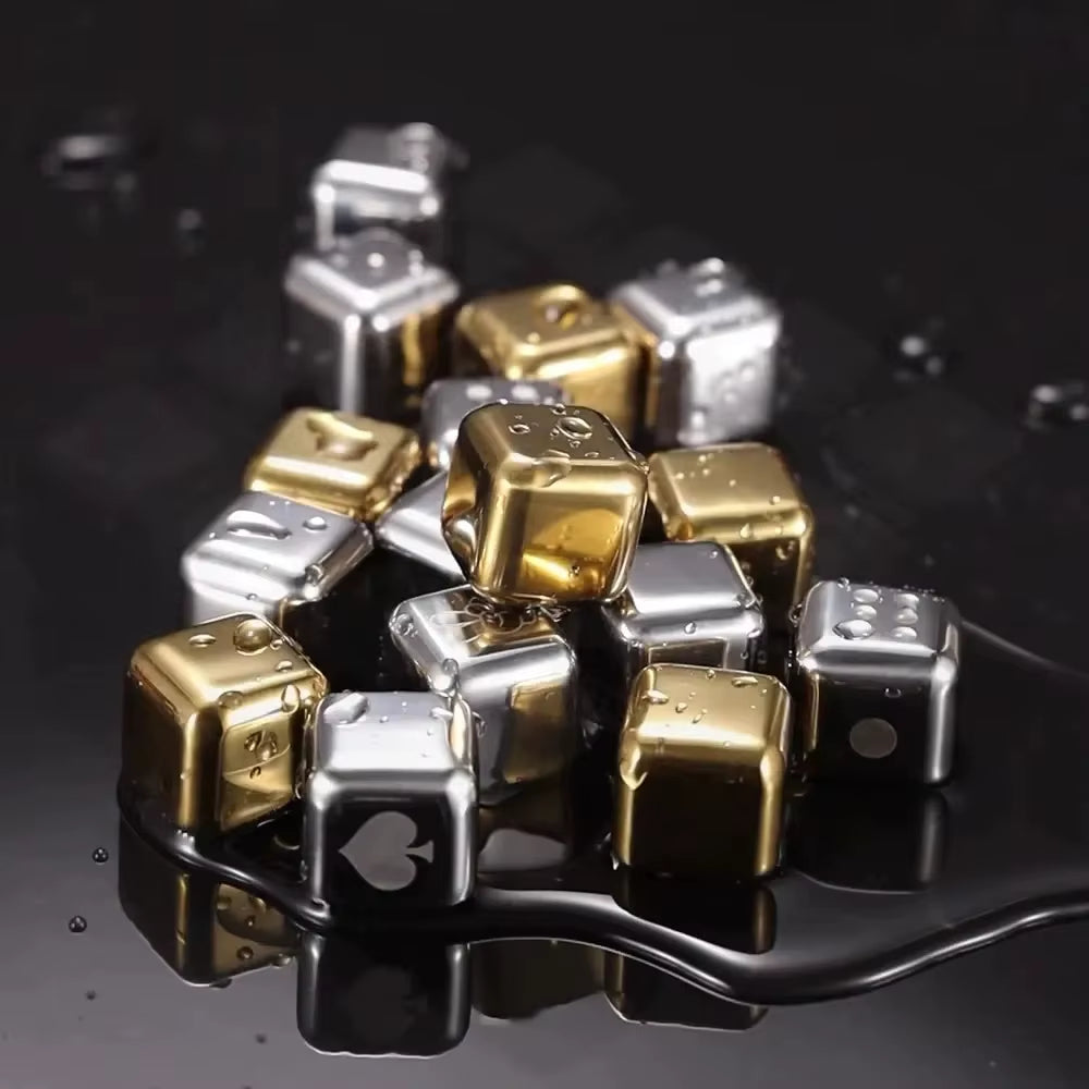 Gold and Siver Metal Cooling Rocks Reusable Ice Cubes Whiskey Steel Ice Cubes 304 Stainless Steel and with Storage Box for Vodka