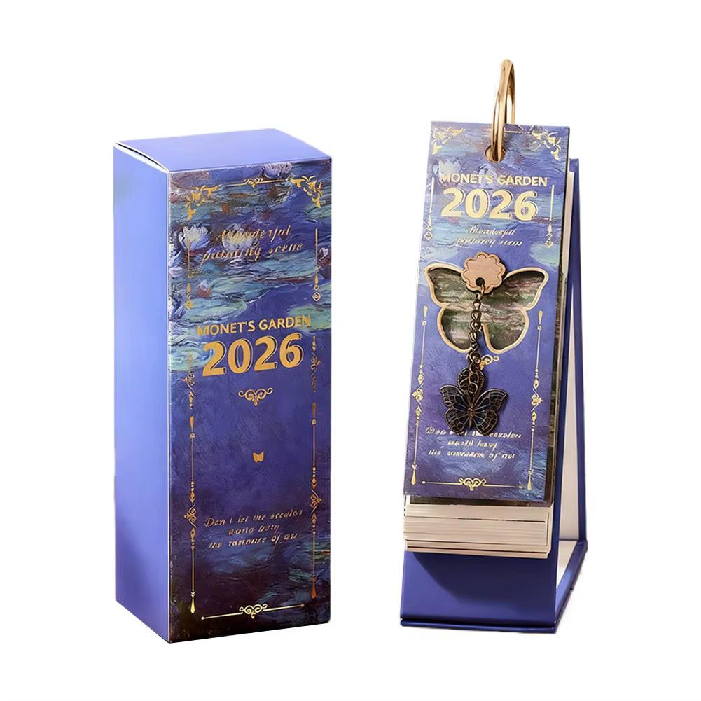 Vintage Oil Painting Desk Calendar with Gold Ring Binding 365 Days Inspirational Quotes One-Way Page Turn Daily Planner