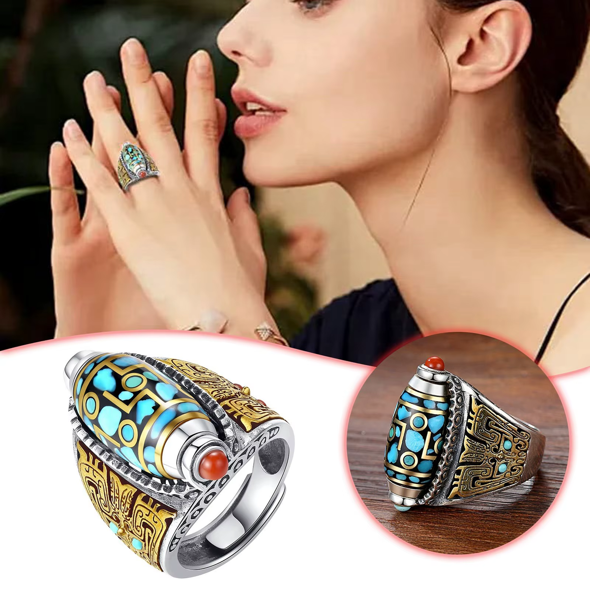 Turquoise Six Character Mantra Nine Eyed Dzi Bead Ring Tibetan Six Character Mantra Bead Transfer Cute Rings for Teen Girls