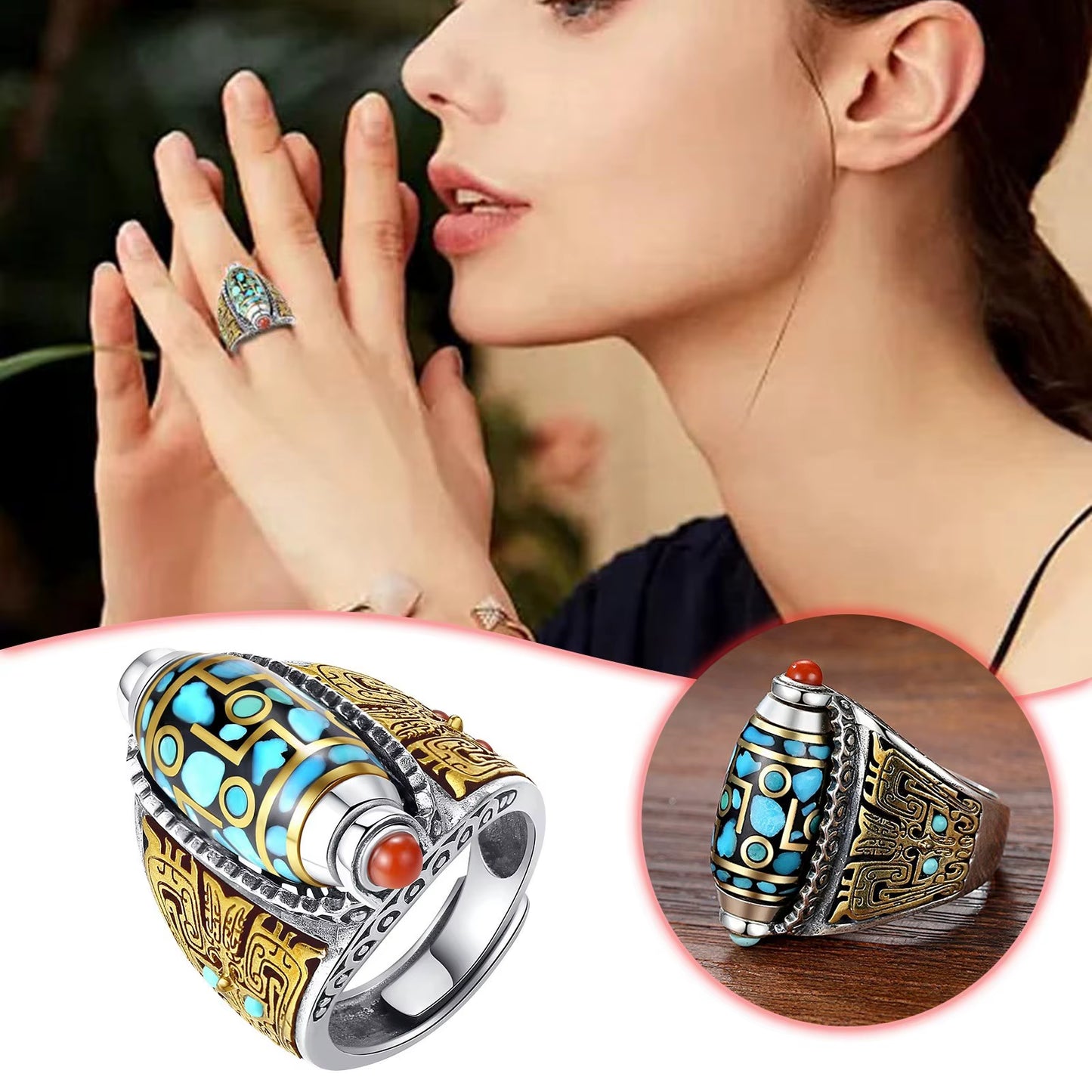 Turquoise Six Character Mantra Nine Eyed Dzi Bead Ring Tibetan Six Character Mantra Bead Transfer Cute Rings for Teen Girls