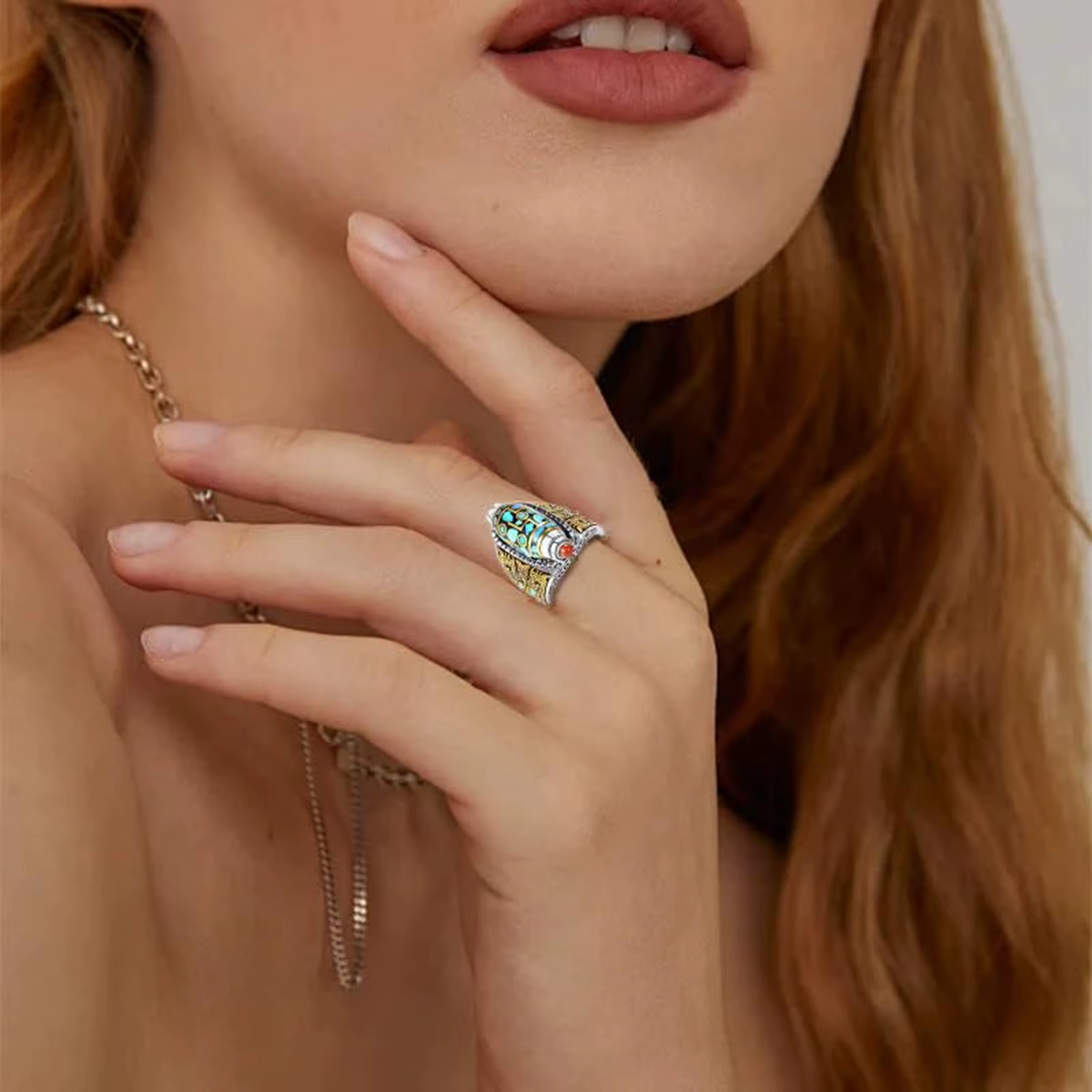 Turquoise Six Character Mantra Nine Eyed Dzi Bead Ring Tibetan Six Character Mantra Bead Transfer Cute Rings for Teen Girls