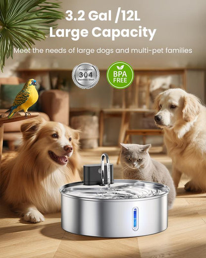 Cityflee 12L Rechargeable Wireless Dog Water Fountain - Super Quiet 304 Stainless Steel Bowl for Large Dogs & Multiple Cats with Visual Water Level